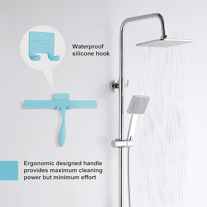 Squeegee for Shower Glass Door, 11-Inch Shower Squeegee for Glass Doors, Bathroom Silicone Squeegees Wiper for Shower with Non-Slip Handle, No-Drilling Silicone Hanging Hook, for Tiles (Blue)
