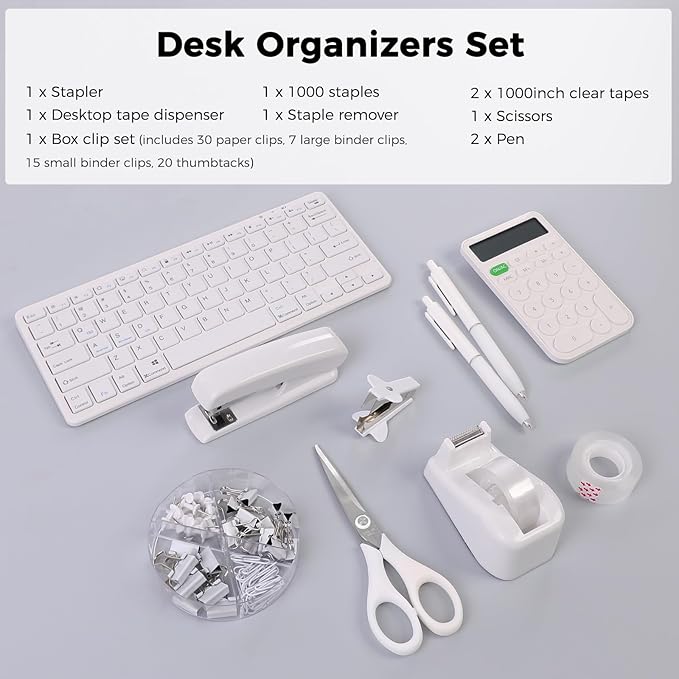 SKYDUE White Office Supplies Set, Desk Accessories, Stapler, Tape Dispenser, Scissors, Binder/Paper Clips and 1000pcs Staples, Office Decor for Women
