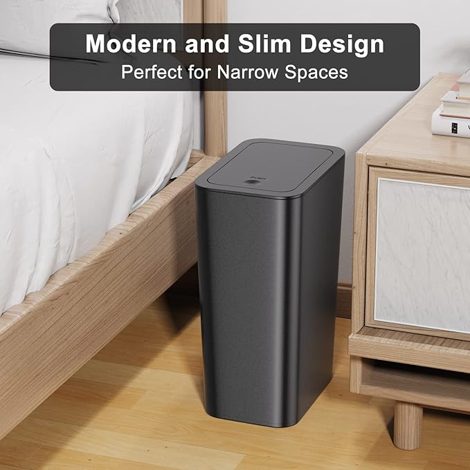 N. NETDOT 3 Pack 10 L/2.6 Gal Bathroom Trash Can with Lid, Small Kitchen Trash Bin with Press Type Lid, Black Trash Can/Slim Garbage Cans/Trash Bin/Waste Basket for Bathroom,Kitchen,Office,Bedroom
