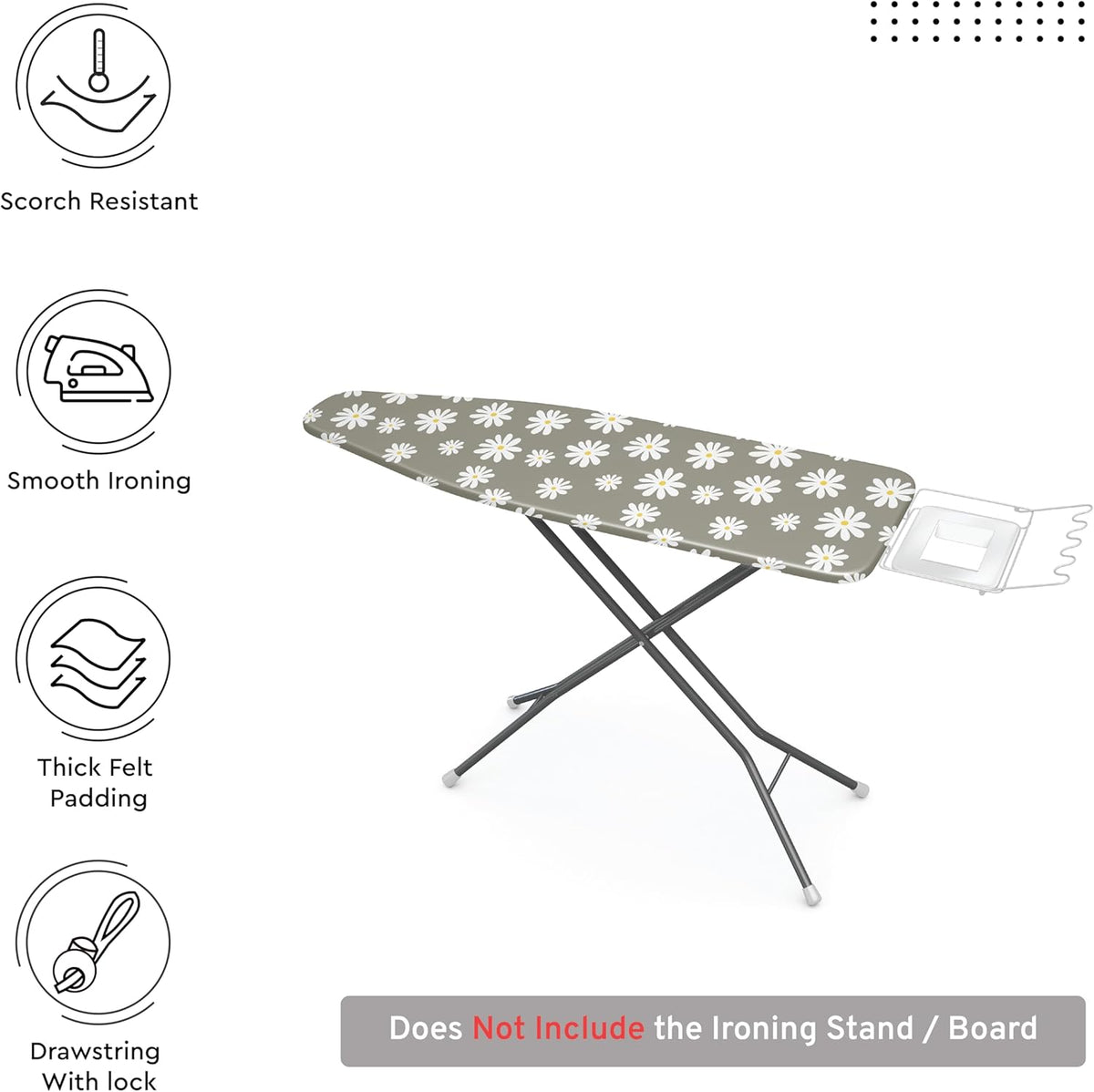 Encasa XO Ironing Board Cover and Pad 57"x22" - Thick 3mm Felt Padding, Drawstring Tightening & Lock, Easy Fit, Scorch & Stain Resistant, Fits X-Large Ironing Board - Daisy Grey