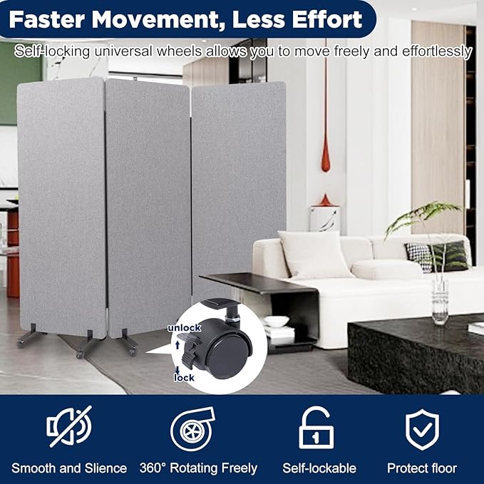 Sound Proof Dividers w/Wheels, Portable Office Wall Divider for Room Partition, Soundproof Room Divider Privacy Panel Partition Cubicle Wall Rolling Temporary Wall for Office