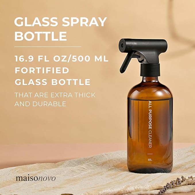 MaisoNovo Glass Spray Bottle - 16.9 fl oz Amber x 1 with 16 Labels