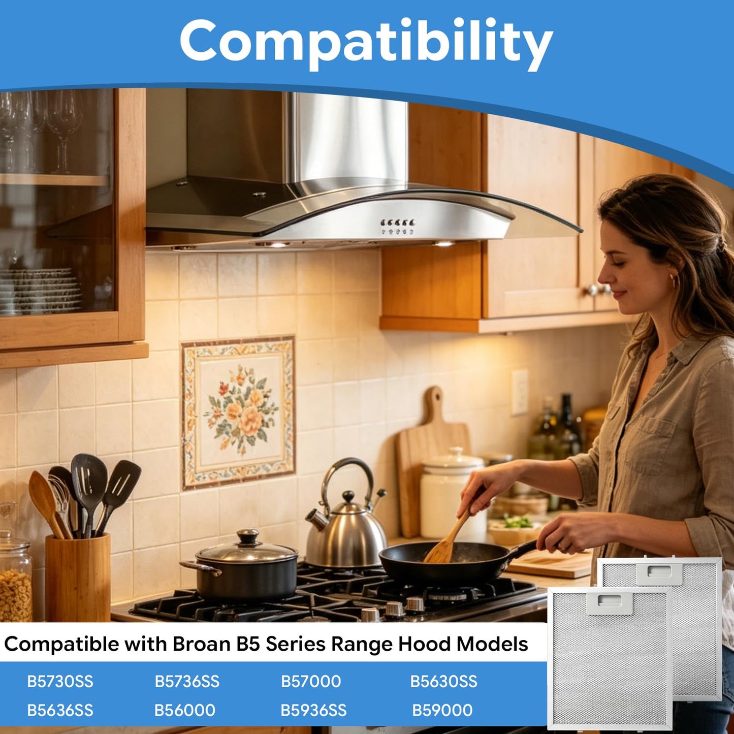 LENGSHIKEJI 2 PCS Range Hood Filters 9"x10.25" (230x260mm) Compatible with Broan B5 Series 5-Layer Aluminum Mesh Vent Grease Filter Replace#: S97018029 1932913