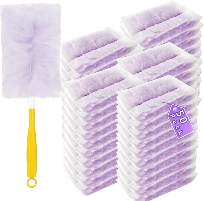Duster Refills Compatible with Swiffer Duster, Heavy Duty Multi Surface Duster Replacement with 1 Extra Handle for Cleaning Furniture, Blinds, Ceiling Fans and Car (Purple-50Pack)