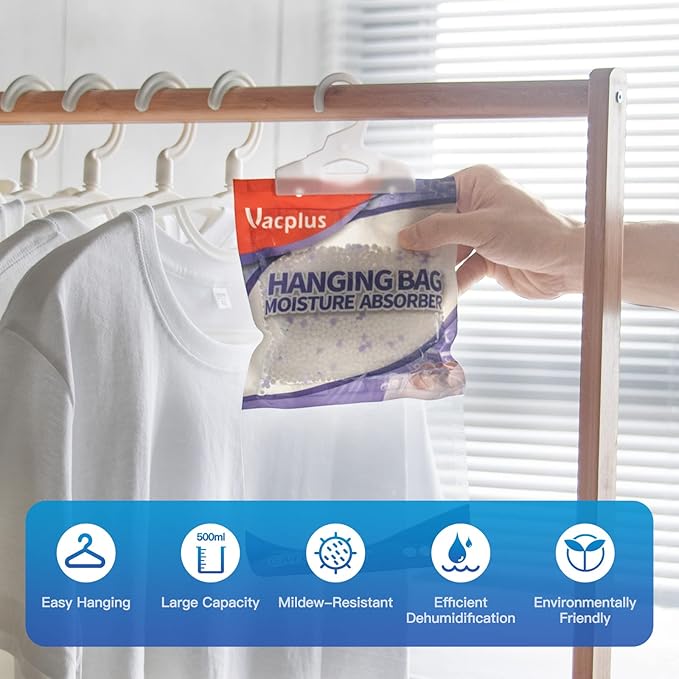 Vacplus Moisture Absorbers, Hanging Closet Dehumidifier Bags, Humidity Packs, Desiccant, Closet Dehumidifiers with Lavender Fragrance, 10 Pack, 9.8 OZ