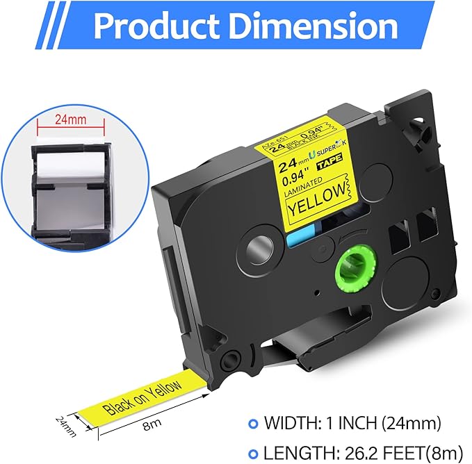6PK 24mm Yellow Label Tape Compatible for Brother P-Touch Label Maker Tape TZe-651 1 Inch TZe TZ Tape TZ-651 TZe651 24mm 0.94'' Laminated Black on Yellow for PT-D600 D610BT P710BT P750W