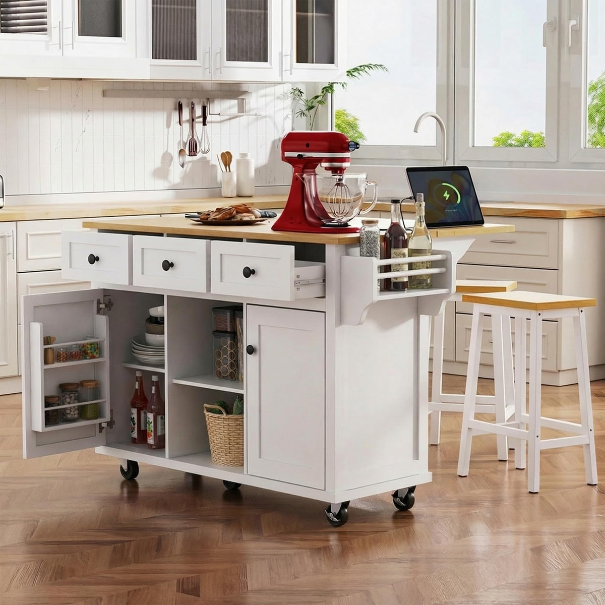 Waully 53'' Mobile Kitchen Island with Seating, Rolling Kitchen Island with Storage and Drop Leaf, 3 Drawers Islands Cart Rubberwood Top, 2 Open Shelves, Isla para Cocina, White + 2 StooIs