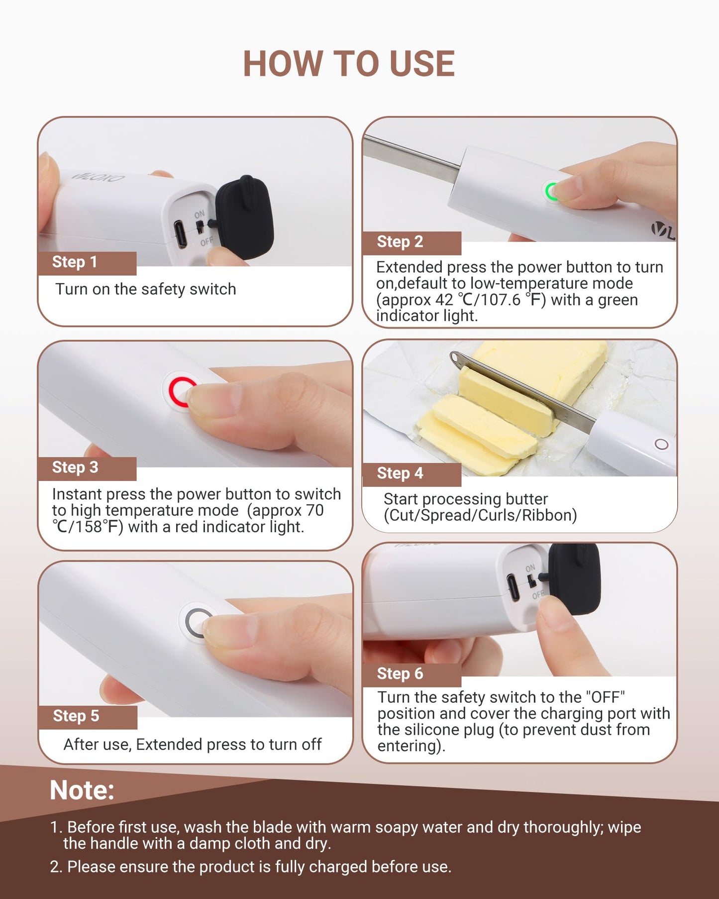 VLOXO Heated Butter Knife, Electric Cold Butter Spreader with 2 Heat Modes Fast Warming Without Tearing Toast Cordless Rechargeable Butter Knife for Hard Butter Cheese Honey Jam and Peanut Butter