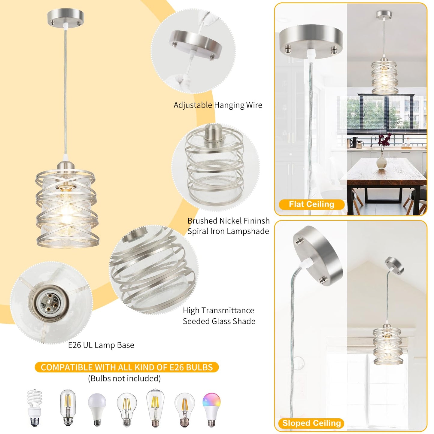 foucasal Brushed Nickel Pendant Light for Kitchen Island, Spiral Iron Pendant Light Fixtures with Seeded Glass Shade, Adjustable Height Hanging Pendant Lighting for Dining Room Hallway Kitchen Foyer