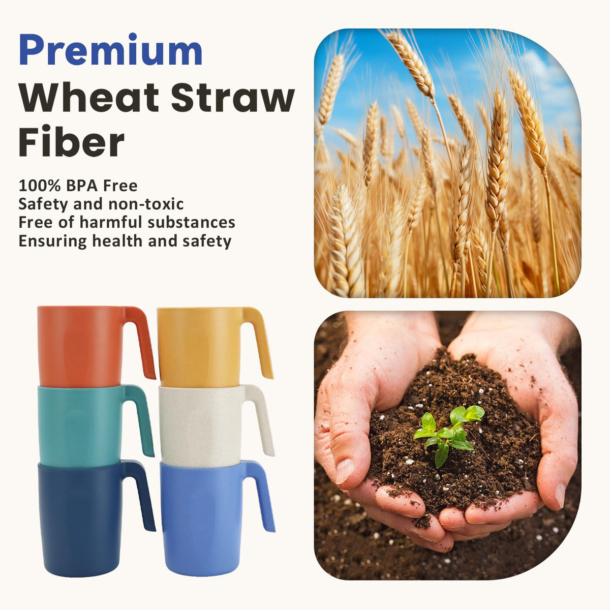 Homienly Wheat Straw Coffee Mugs, Alternative to Plastic Coffee Cups, Set of 6, Unbreakable Camping Coffee Mugs, 16 OZ Cups for Tea, Coffee, Milk, Dishwasher and Microwave Safe Kids Mug, Multi