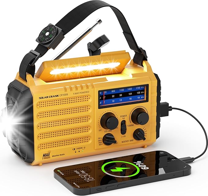 Emergency Weather Radio, 5 Ways Powered Crank Solar Radio, Portable AM/FM/SW/NOAA Weather Radio Battery Operated with Cellphone Charger, Camping Flashlight, Reading Lamp, SOS Alarm for Home Outdoor