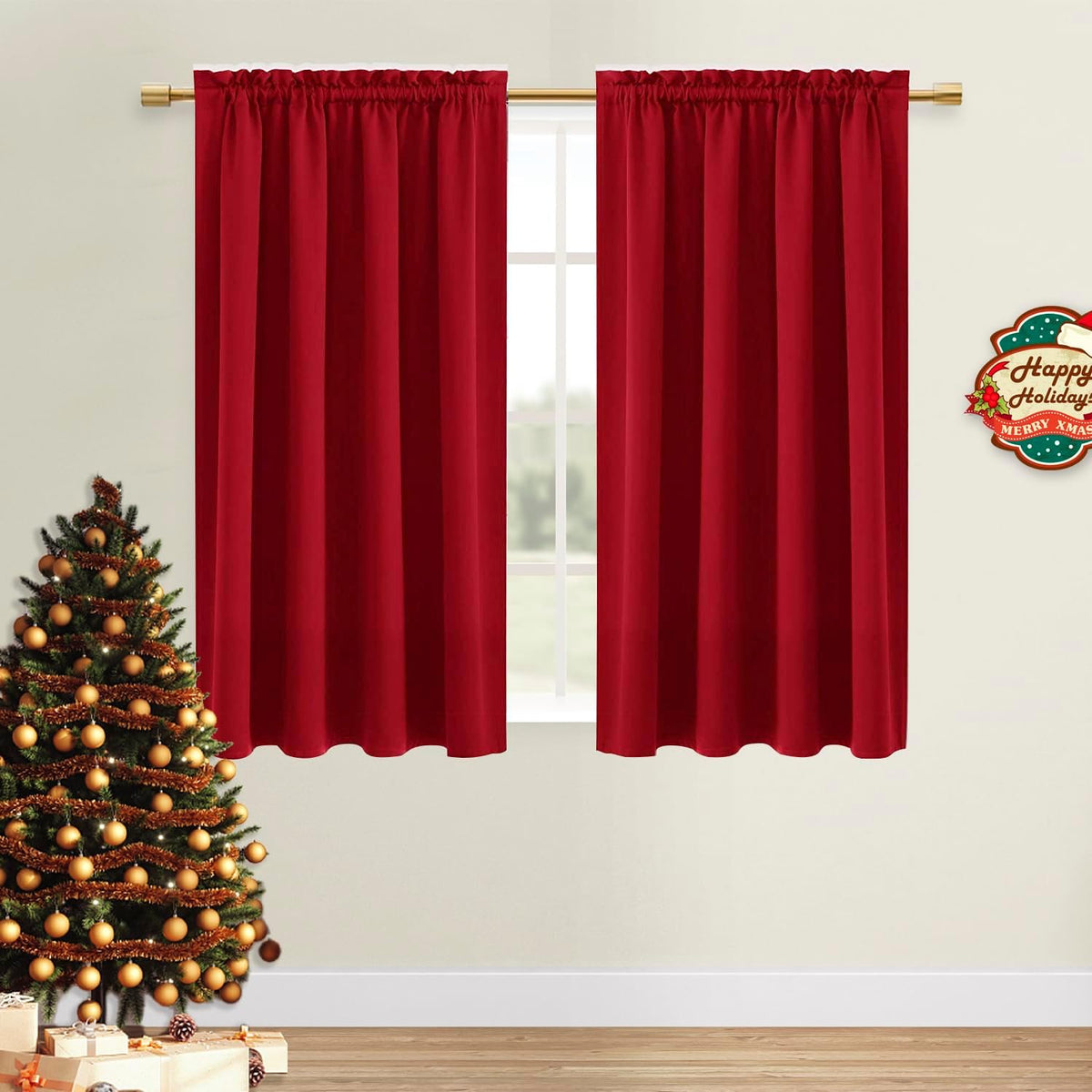 DWCN Christmas Blackout Curtains Room Darkening Thermal Insulated Bedroom Curtains Window Curtain Panels, 52 x 54 inches Long, Set of 2 Red Rod Pocket Drapes