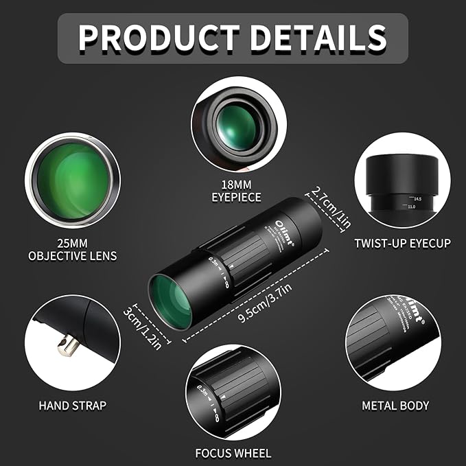 Olimt 8x25 Monocular Telescope, Mini Pocket Compact Small Size Portable Handheld Lightweight ED Glass Wide Angle View Waterproof Monoscope for Adults Hiking Camping Backpacking Outdoor Travel Hunting