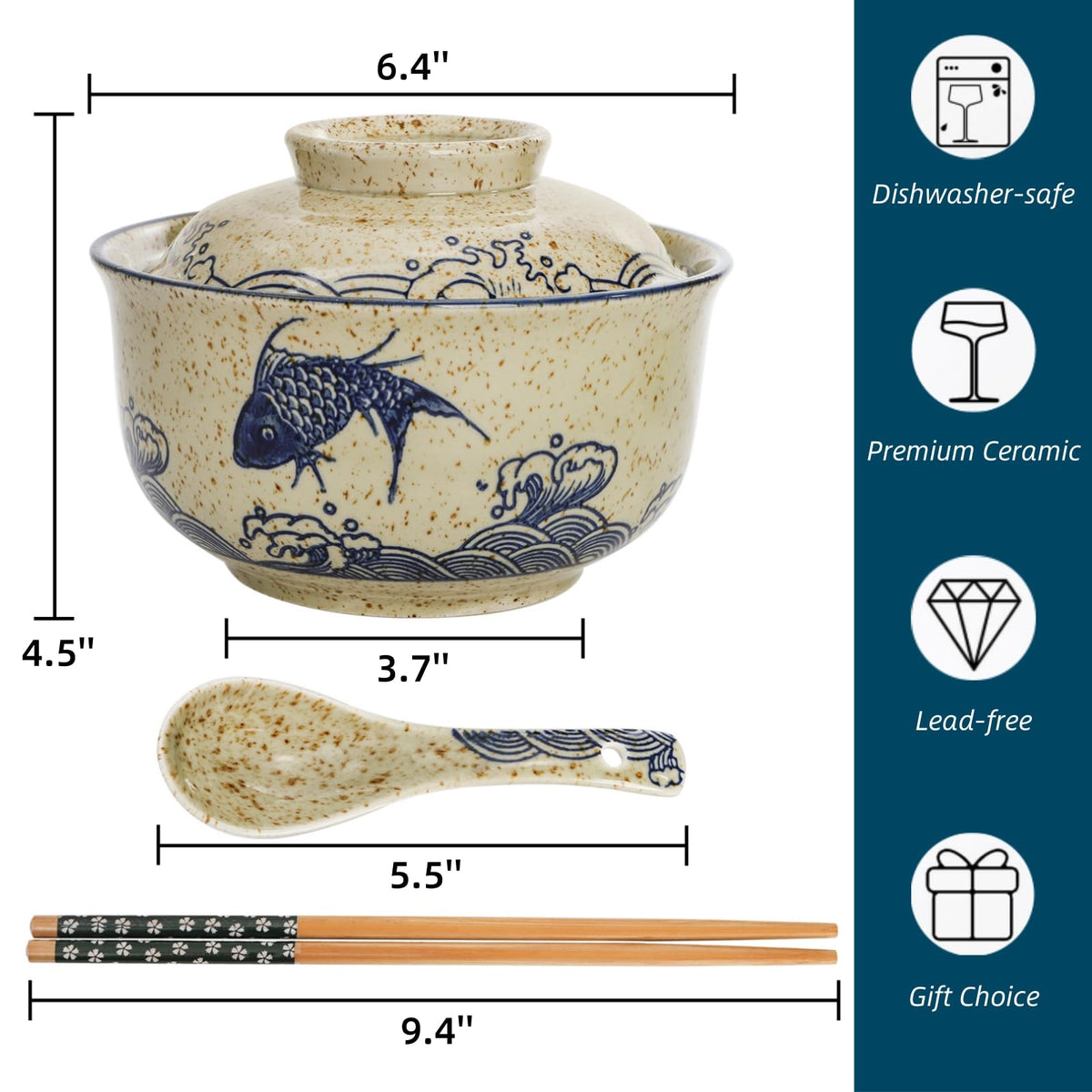 Nagpew 2 Pieces Ceramic Ramen Bowls, 25 Oz Large Soup Bowl with Lid, Spoon, Chopstick, Hand-painted Japanese Tableware for Noodles, Salad, Rice, Microwave Dishwasher safe