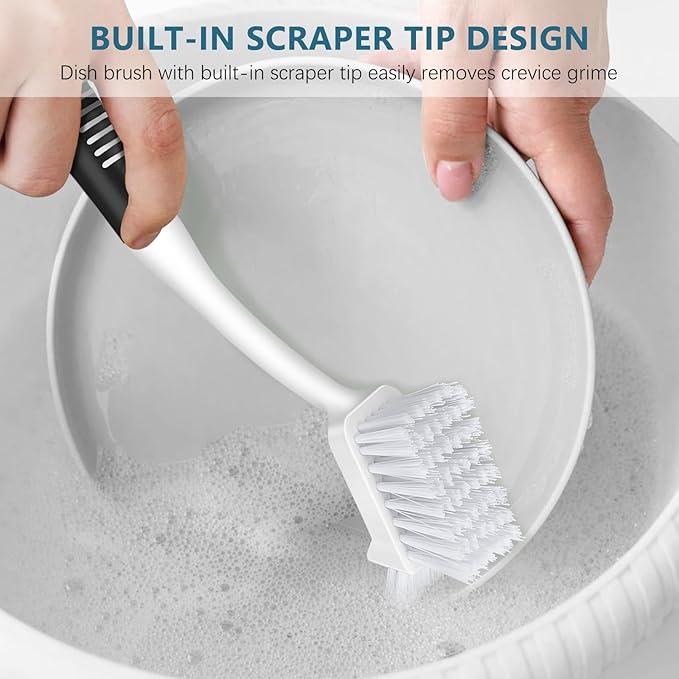 SetSail Dish Brush Set of 3 with Bottle Brush, Dish Scrub Brush with Long Handle Deep Cleaning Handle Brush with Scraper Tip for Kitchen Sink Dishes Bottle Cup Pot and Pans Tile Lines, Black