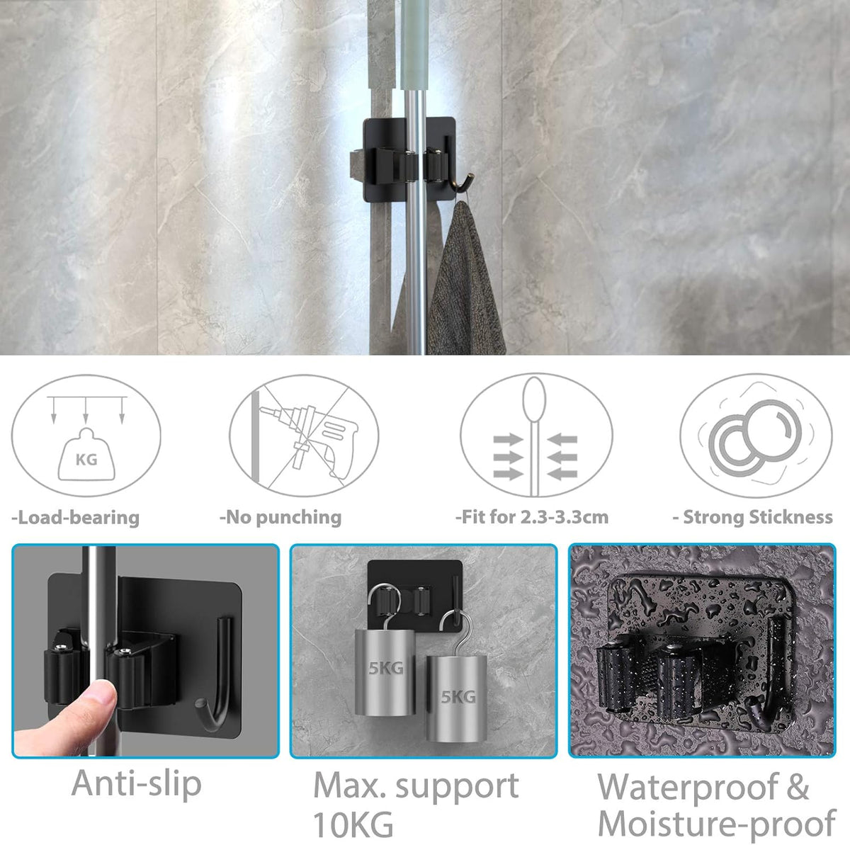 Mop Broom Holder No Drill, Mop Broom Organizer Wall Mounted Heavy Duty with Hooks Hanger, Self Adhesive Stainless Steel 6Pcs for Bathroom, Kitchen, Office (Black)