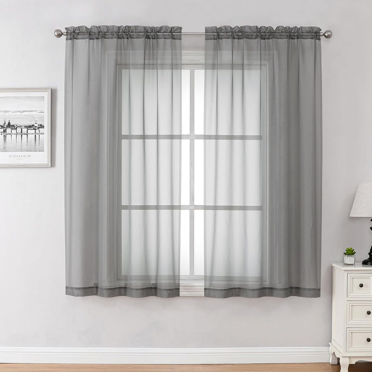 Chyhomenyc Charcoal Grey Sheer Curtains 45 Inch Long 2 Panels, Light Filtering Elegant Lightweight Soft Rod Pockets Drapes for Small Window Bathroom Living Room Bedroom, 42W x 45L inches
