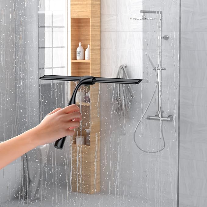 Black 14-Inches Stainless Steel Shower Squeegee Set, Include Shower Door Hook, Adhesive Hook and Spare Silicone Blade, Window Squeegee for Shower Glass Door, Bathroom, Mirror, Window and Car Glass