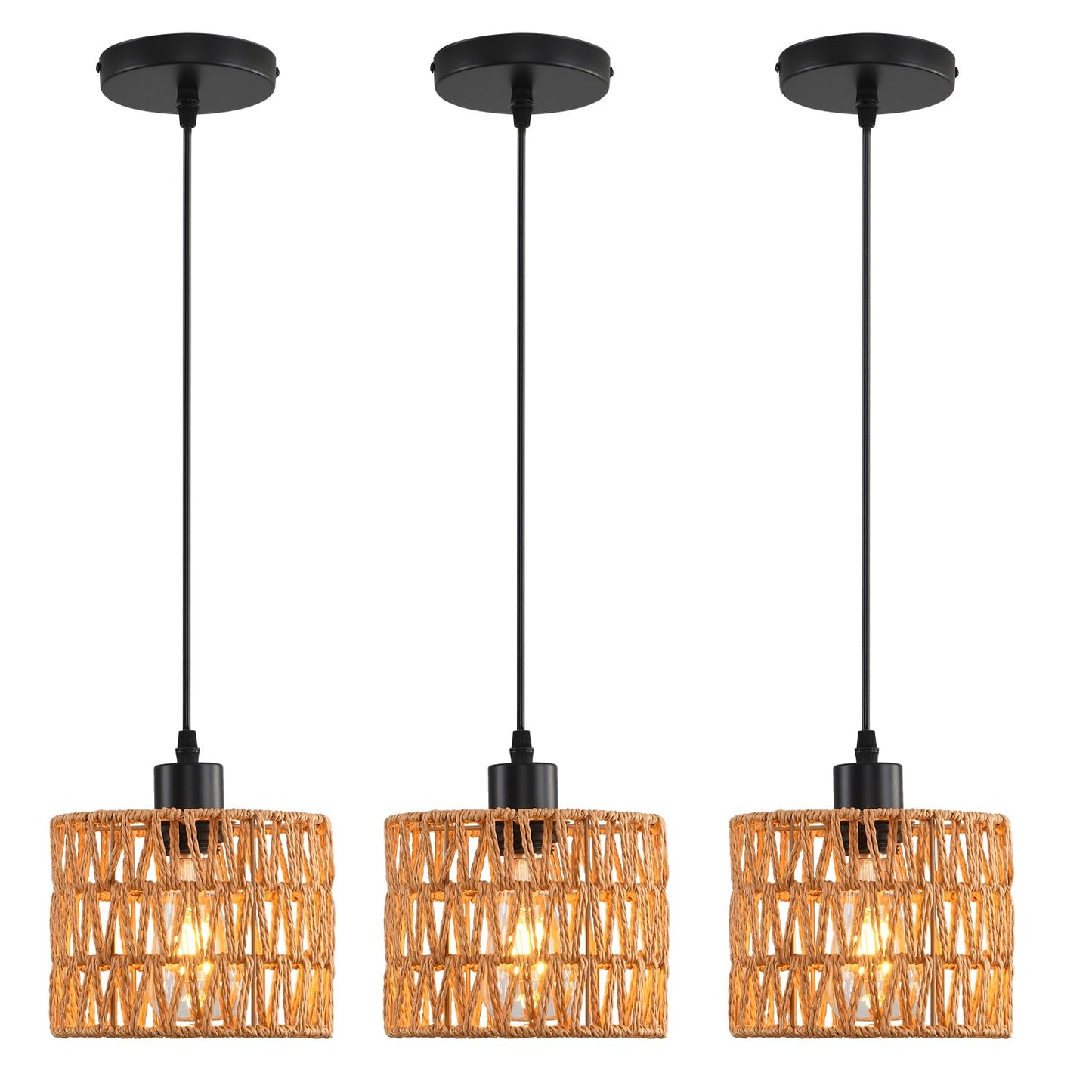 Woven Pendant Light Boho Chandelier, Rattan Pendant Lights Kitchen Island, Farmhouse Pendant Lighting with Hand Woven Wicker Shade, Boho Chandelier Light Fixtures Ceiling Hanging Light