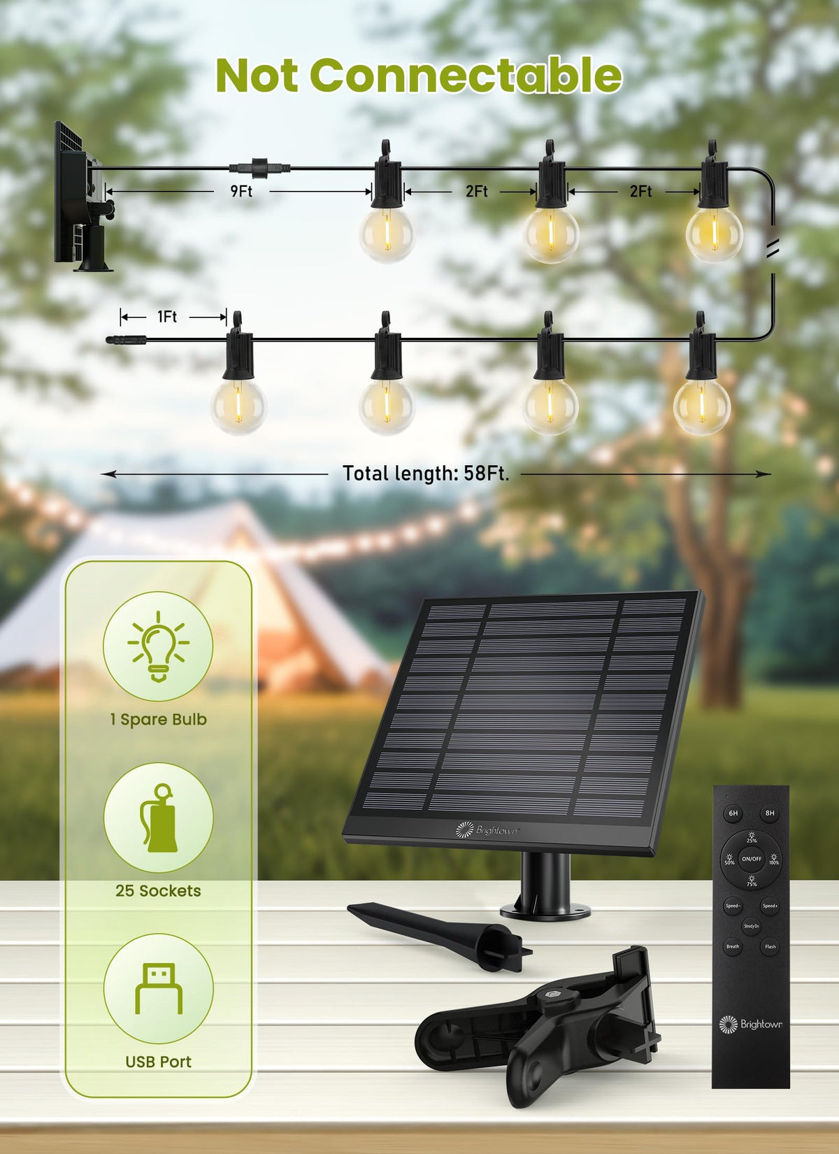 Brightown 58FT Solar String Lights Outdoor with Remote Cable Ties and Hooks, Commercial Grade Patio Lights with 26 LED Shatterproof Bulbs, 3 Light Modes Hanging Light for Backyard Party Decor