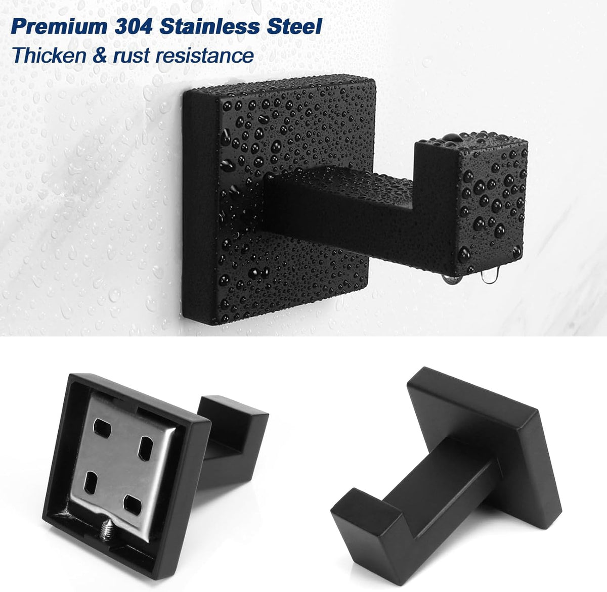 NearMoon Bath Towel Hooks -SUS304 Stainless Steel Square Clothes Robe Hooks Hanger, Heavy Duty Coat Hooks for Bathroom Livingroom Hotel Kitchen Garage, Wall Mounted - 3 Pack (Matte Black)