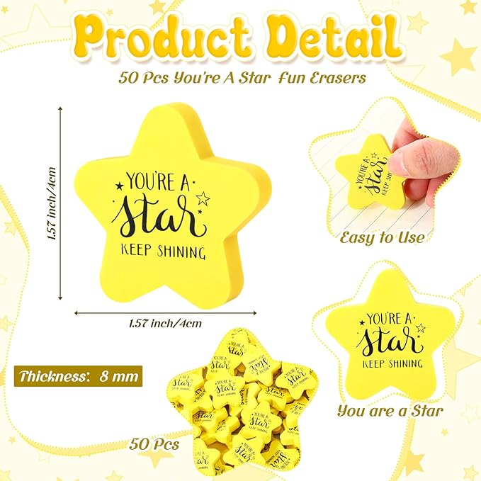 Spakon 50 Pcs Inspirational Star Erasers for Kids Bulk Cute Back to School Erasers 1.57" Fun Eraser for Classroom Prize You're A Star Yellow Motivational Gift for School Student Rewards