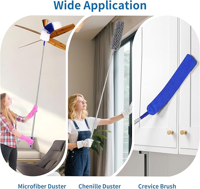 10PCS Dusters for Cleaning, Extendable Microfiber Duster with Extension Pole Up to 100'', Bendable Washable Cleaner Dusters for Cleaning Fan, High Ceiling, Blinds, Furniture, Car
