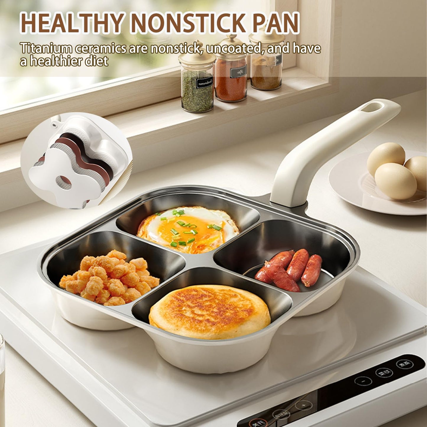 JUSTUP 4-Cup Egg Pan Nonstick，Healthy Titanium Ceramic Breakfast Frying Pan，Compatible with All Stoves and Equipped with Heat-Resistant and Height Increasing Handles, Easy to Clean, PFOA Free (Black)