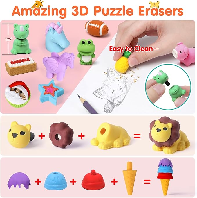 90 Pack Animal Pencil Erasers for Kids, 3D Mini Puzzle Take Apart Erasers, Desk Pets & Treasure Box Toys, Bulk Party Favors, Classroom Prizes, School Supplies, Gift for Boys & Girls