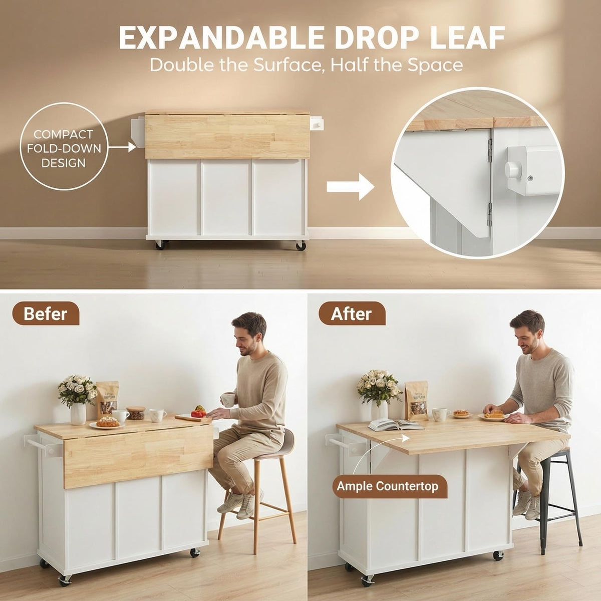 Waully 53'' Mobile Kitchen Island with Seating, Rolling Kitchen Island with Storage and Drop Leaf, 3 Drawers Islands Cart Rubberwood Top, 2 Open Shelves, Isla para Cocina, White + 2 StooIs