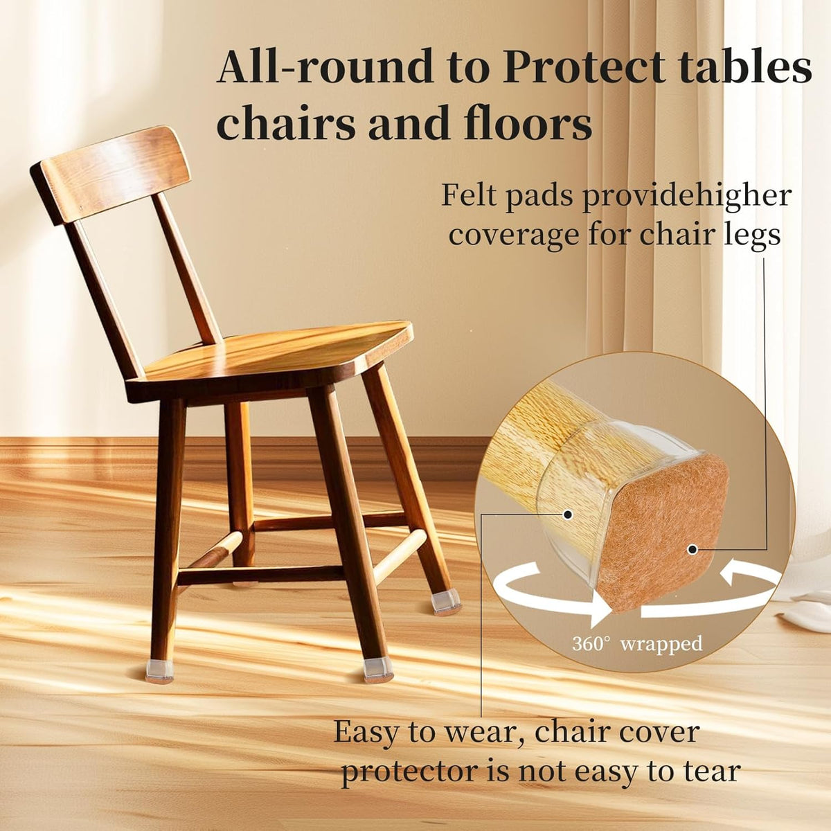Square Chair Leg Floor Protectors Large 24Pcs,Silicone Chair Leg Protectors for Hardwood Floors/Tiles,Clear 360°Wrapped Felt Bottom to Prevent Scratch and Reduce Noise