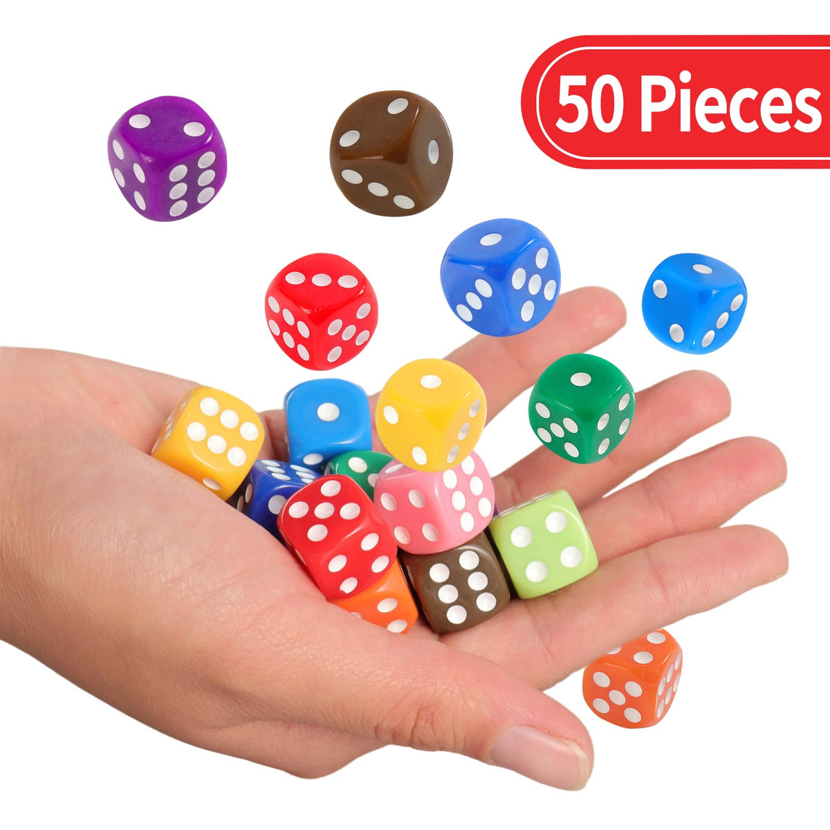 16MM Standard 6 Sided Dice Set, 50 Pieces Colorful Dice for Board Games, Classroom Math Bulk Game Dice, Make Entertainment More Exciting