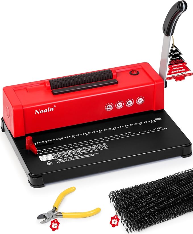 Nolan Upgraded Binding Machine Spiral Coil Binder,46-Hole Book Binder with Electric Coil Inserter,4:1 Pitch,100pcs Comb Binding Spines&1 Crimper Plier,School Office Home,Anti-Rust