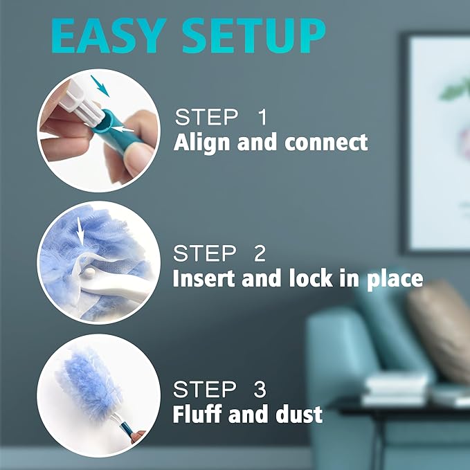 NEWE Duster Refills 20 PCS with Handle Compatible with Swiffer, 360 Degree Heavy Duty Dusting Kit with 4X Microfibers, Multi-Surface Dust Removing Tool for Cleaning Blinds Bookshelf Furniture