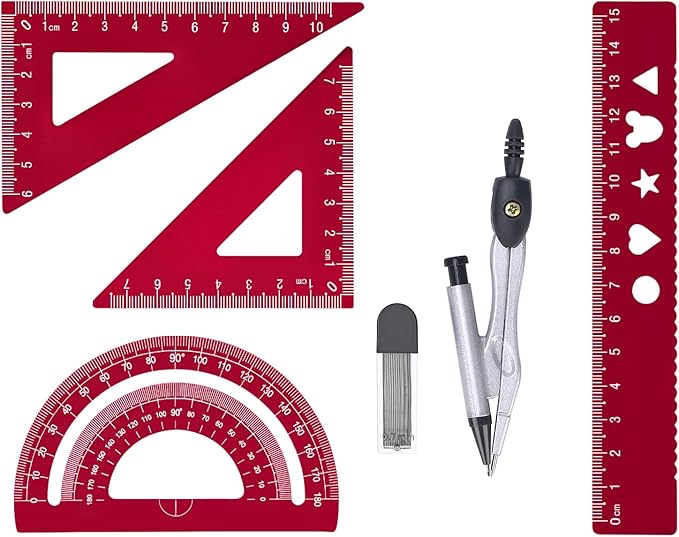 6 Pcs Metal Geometry Set, Math Geometry Kit, Metal Ruler Set and Compass Geometry Tool, Rulers Protractor and Compass Set for Student School and Drawings Supplies (Red)