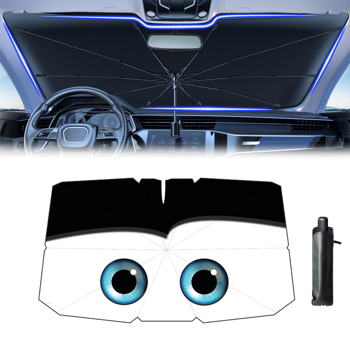 Coricha Windshield Sun Shade 2025 Car Accessories 100% Blackout Car Front Windsow Shades Umbrella Automotive Sun Visor Block Heat Insulation Protection (Black Eyes)
