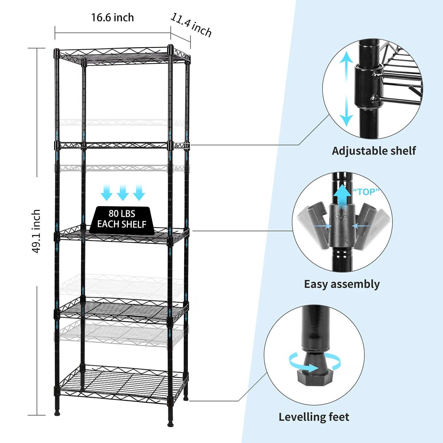 SUNLPH 5-Tier Wire Shelving Adjustable Shelves Unit Metal Storage Rack for Laundry Bathroom Kitchen Pantry Closet Organization (Black, 16.6" L x 11.4" W x 49.1" H)