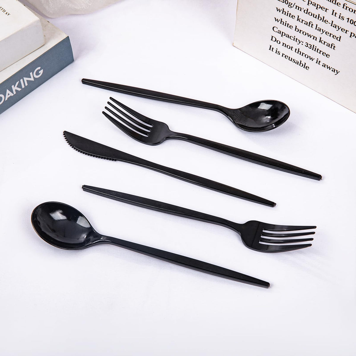 PULOTE 150PCS Black Plastic Silverware Set Disposable - Heavy Duty Black Plastic Cutlery - Black Plastic Utensils Set Include 50 Forks,50 Spoons,50 Knives for Party&Graduation