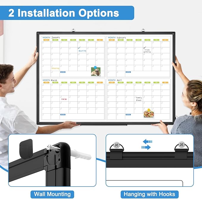 Dry Erase Calendar for Wall 4 Month, WALGLASS 48" x 36" Large Double-Sided White Board Calendar, Dry Erase Monthly Planner, Black Aluminum Frame Hanging Wall Mounted Whiteboard for Office Home School