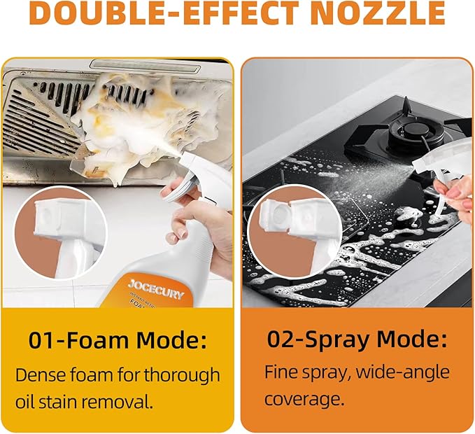 500ml Powerful Kitchen Degreaser Foam Spray – Multipurpose Grease Remover for Pots, Pans, Countertops & Appliances with 2-in-1 No-Rinse Dual Spray Nozzle (Lemon)
