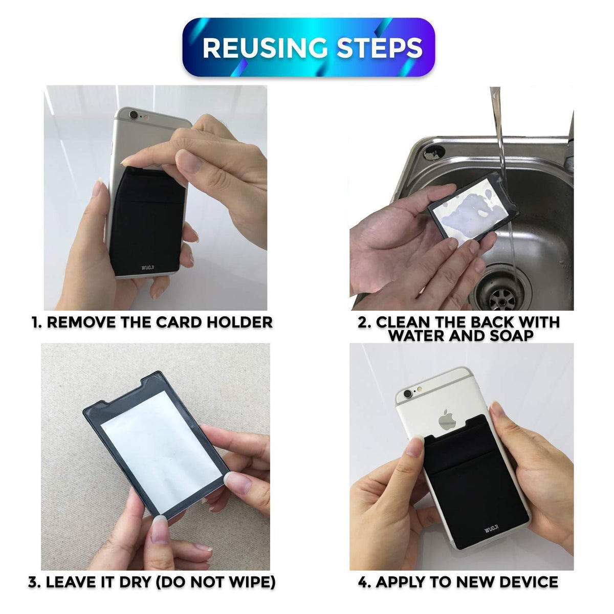 WUOJI RFID Blocking Phone Card Wallet - Double Secure Pocket - Ultra-Slim Self Adhesive Credit Card Holder Card Sleeves Phone Wallet Sticker All Smartphones(Black)-2PC