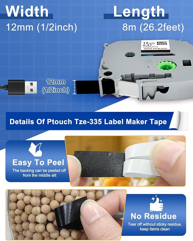 BOYEEZON Label Maker Tape 12mm 0.47 Black Replacement for Brother P Touch Label Tape TZe-335 TZ TZe 12mm 0.47 Laminated White on Black for Brother PTD210 PTD400 PTD410 PTD600, 4 Packs