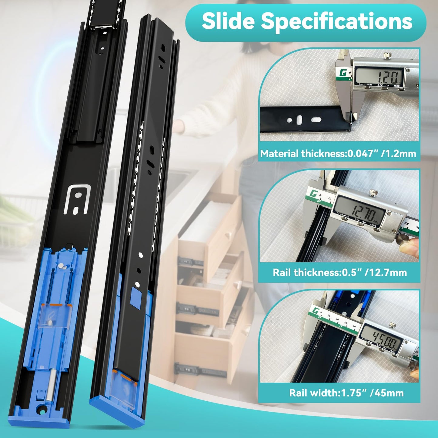 BAIDICE Push to Open Soft Close Drawer Slides 1 Pair 10 12 14 16 18 20 22 24 Inch 100 LB Load Capacity Side Mount Full Extension Cabinet Runner Ball Bearing Kitchen Dresser Glide（Black, 10inch）