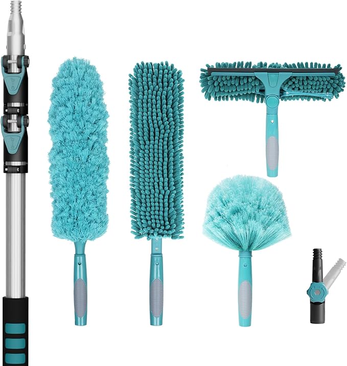 20 Foot High Reach Duster Kit with 5-12FT Extension Pole High Ceiling Dusting and Window Cleaning Kit with Telescopic Pole Window Washer&Squeegee,Cobweb Duster,Fan Duster and Feather Duster