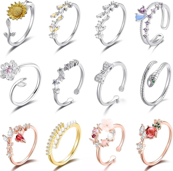 TAMHOO 9/12/15/16 Pcs Open Rings Set for Women with Sparkling Cubic Zirconia- Finger Rings Pack Stackable Rings for Teens,White Gold/Rose Gold/Gold Tone Rings for Girls