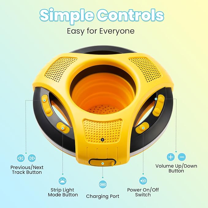 Mambobaby Float Bluetooth Speaker with Foldable Cup Holder, IPX7 Waterproof Bathroom Speaker, 360° Surround Sound, Colorful LED Lights, Dual Speakers, Ideal for Pool, Beach & Outdoor Use-Yellow Black
