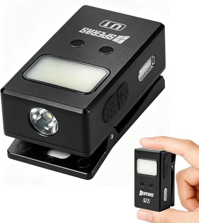 Speras U1 EDC Clip-on Flashlight, 500 Lumens Rechargeable Magnetic IP65 | Hands-Free Flat Pocket Light, Spot/Flood/RGB Modes, Waterproof Mini USB-C Sensor Work Light for Camping, Cycling, Emergencies