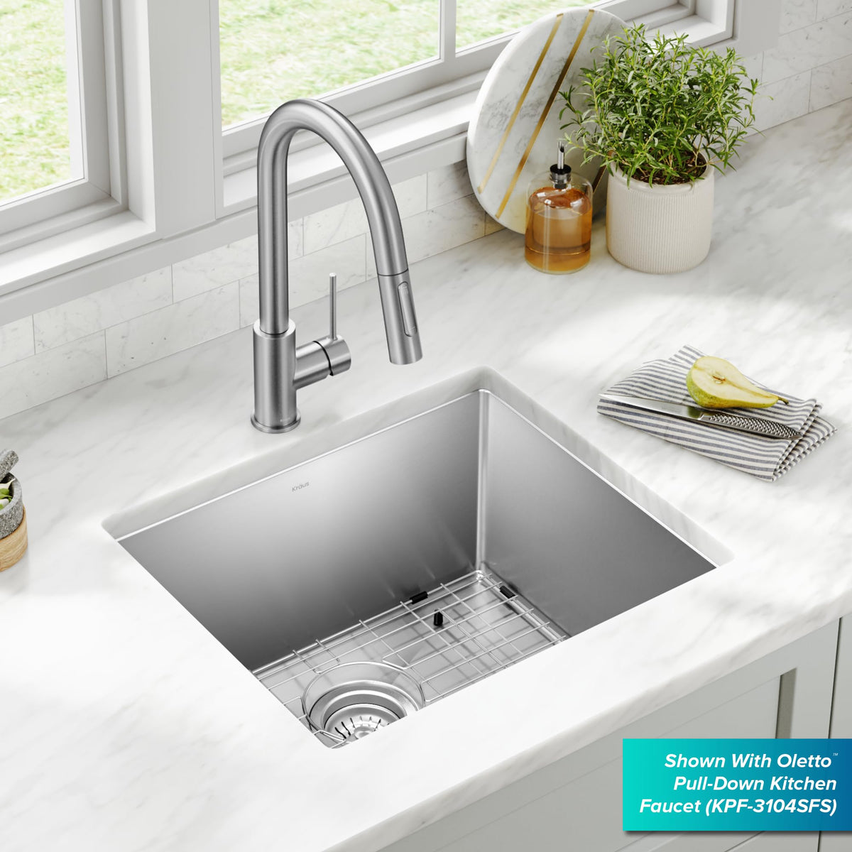 Kraus KHU101-21 Standart PRO 16 Gauge Undermount Single Bowl Set (4 Item Bundle: Sink, Bottom Grid, Drain Assembly, Kitchen Towel), 21 Inch, Stainless Steel