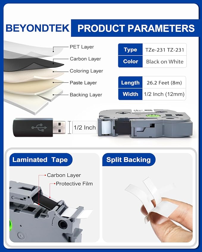 20PK TZE-231 Compatible with Brother P Touch Label Tape 12mm 0.47 White Refill TZe-231 Label Tape for Brother P-Touch Label Maker PT-D210 PT-H110 PT-D220 8m 26.2ft