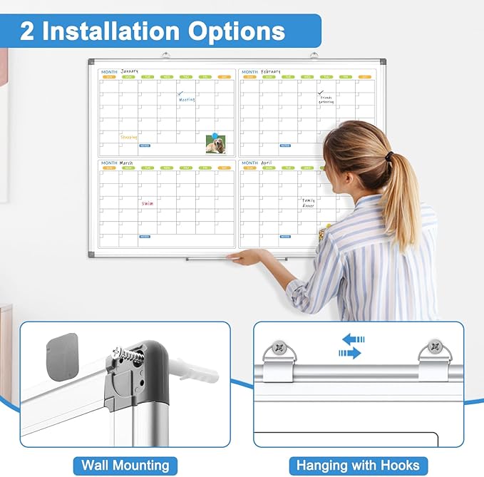 Dry Erase Calendar for Wall 4 Month, WALGLASS 36" x 24" Large Double-Sided White Board Calendar, Dry Erase Monthly Planner Board, Silver Aluminum Frame Hanging Wall Mounted for Office Home School